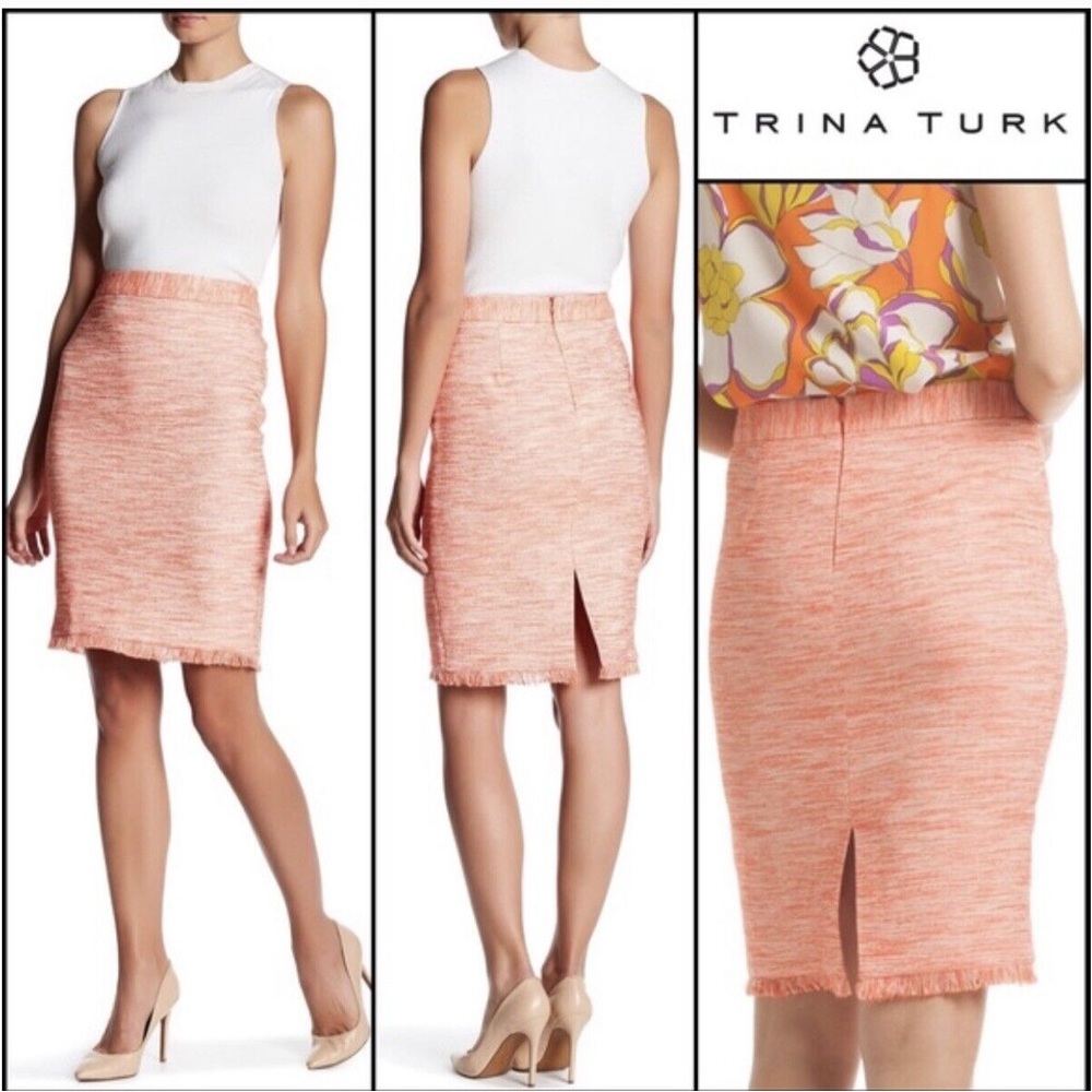 Trina Turk Dorris Fringed Hem Coral Tweed Melange Pencil Skirt Size 4
